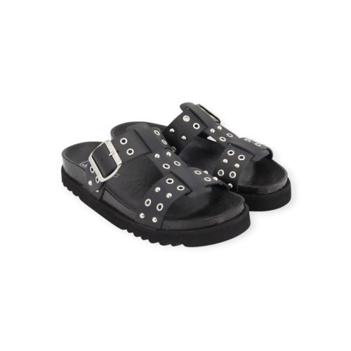 Scholl Beatriz T-Bar Ring slipper, muil in zwart leer met zilver studs voor dames. Scholl Beatriz T-Bar Ring slipper, muil in zwart leer met zilver studs voor dames.