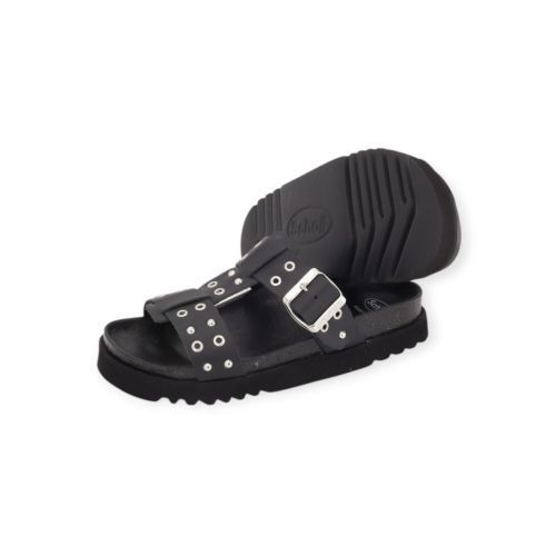 Scholl Beatriz T-Bar Ring slipper, muil in zwart leer met zilver studs voor dames. Scholl Beatriz T-Bar Ring slipper, muil in zwart leer met zilver studs voor dames.