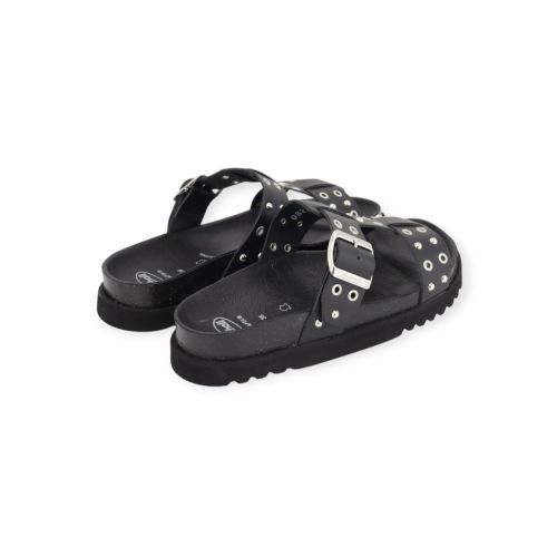 Scholl Beatriz T-Bar Ring slipper, muil in zwart leer met zilver studs voor dames. Scholl Beatriz T-Bar Ring slipper, muil in zwart leer met zilver studs voor dames.