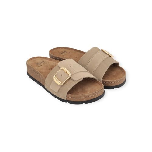 Scholl Bora 1 Strap slipper in beige suède voor dames.