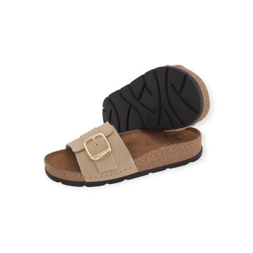 Scholl Bora 1 Strap slipper in beige suède voor dames.