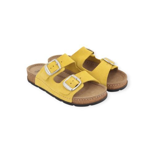 Scholl bora 2 buckles dames slipper in geel suede.
