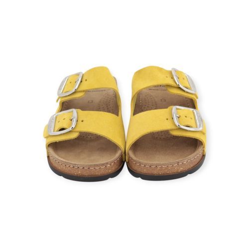 Scholl bora 2 buckles dames slipper in geel suede.