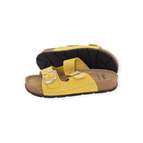 Scholl bora 2 buckles dames slipper in geel suede.