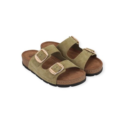 Scholl Bora 2 Buckles slipper in groen olive suède voor dames. 
