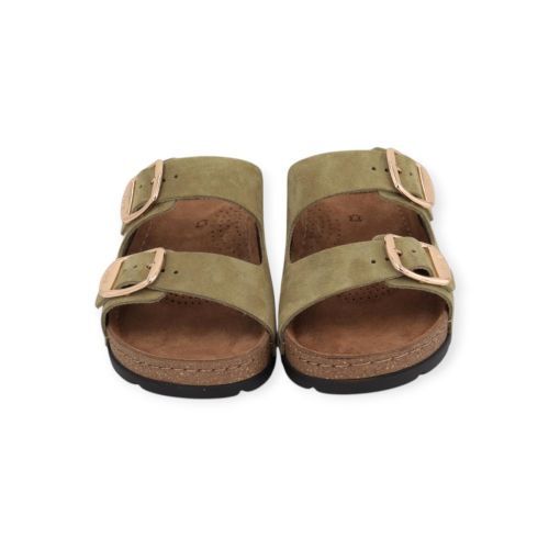 Scholl Bora 2 Buckles slipper in groen olive suède voor dames. 