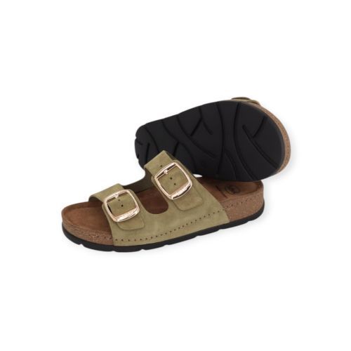 Scholl Bora 2 Buckles slipper in groen olive suède voor dames. 