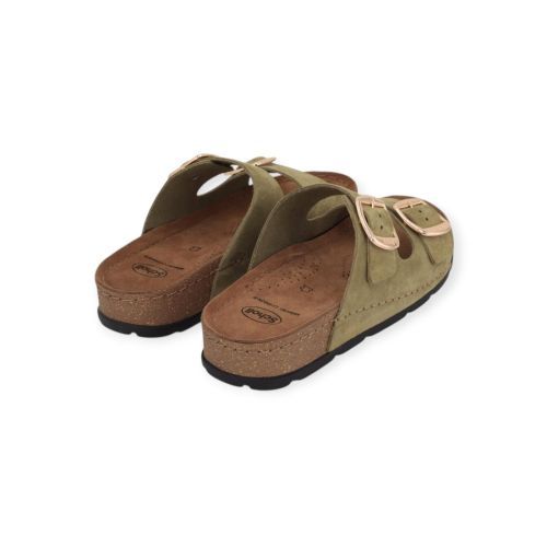 Scholl Bora 2 Buckles slipper in groen olive suède voor dames. 