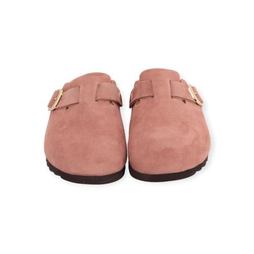Scholl Fae slipper in roze suède voor dames.