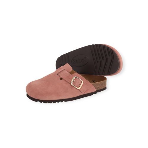 Scholl Fae slipper in roze suède voor dames.