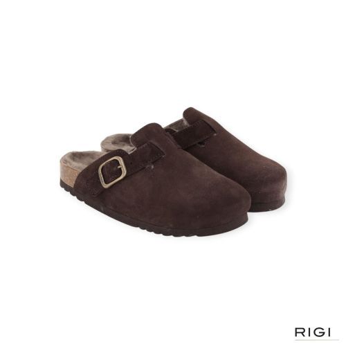 Scholl Fae New F 31810 pantoffel in donkerbruin suède met taupe wol voor dames. 