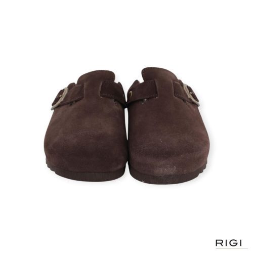 Scholl Fae New F 31810 pantoffel in donkerbruin suède met taupe wol voor dames. 