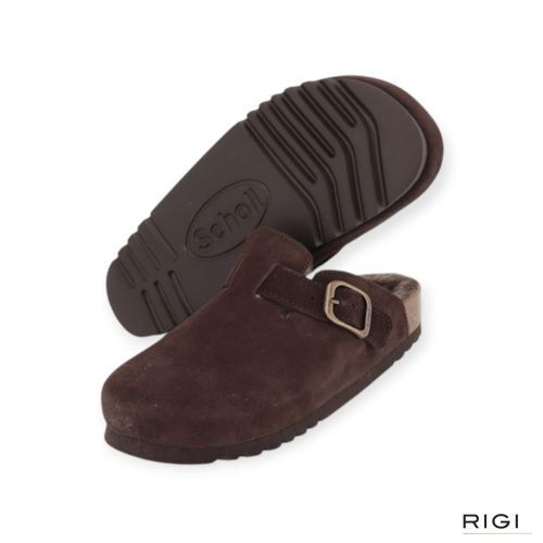 Scholl Fae New F 31810 pantoffel in donkerbruin suède met taupe wol voor dames. 