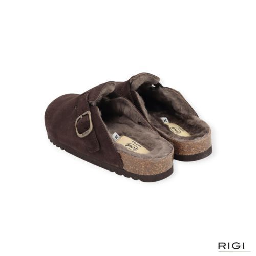 Scholl Fae New F 31810 pantoffel in donkerbruin suède met taupe wol voor dames. 