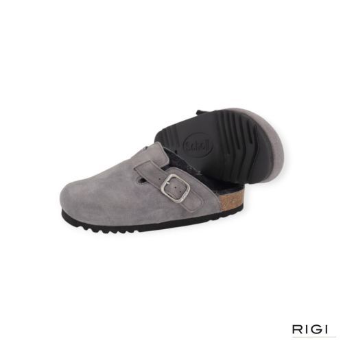 Scholl Fae New F 31810 pantoffel in grijs suède met zwart wol voor dames. Scholl Fae New F 31810 pantoffel in grijs suède met zwart wol voor dames.