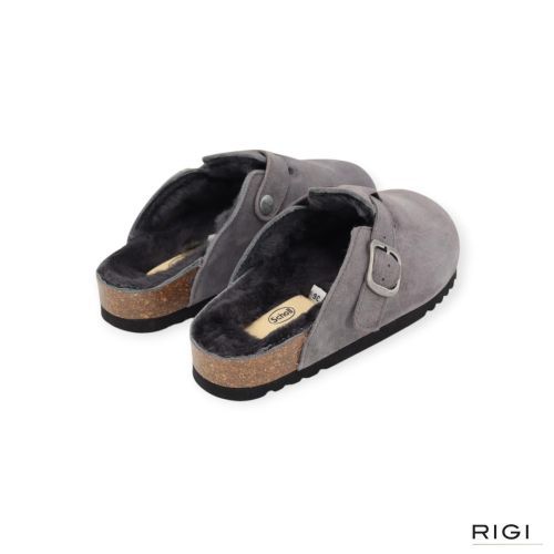 Scholl Fae New F 31810 pantoffel in grijs suède met zwart wol voor dames. Scholl Fae New F 31810 pantoffel in grijs suède met zwart wol voor dames.