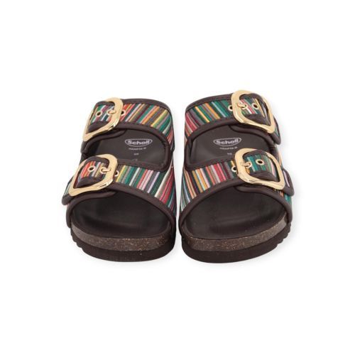 Scholl Noelle slipper in bruin leer met stof voor dames. Scholl Noelle slipper in bruin leer met stof voor dames.