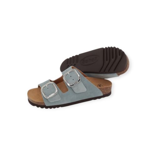 Scholl Noëlle slipper in lichtblauw suède voor dames. 