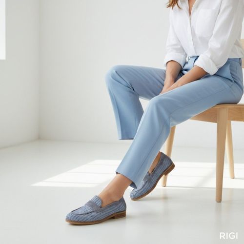 Softwaves Gabele dames mocassin in licht blauw raffia leer.