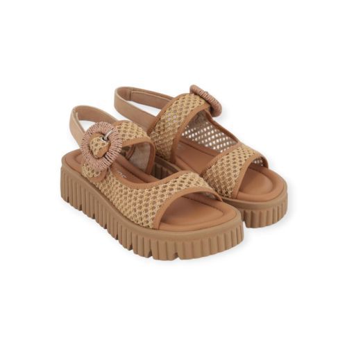 Softwaves Italina dames sandaal in camel raffia suede.