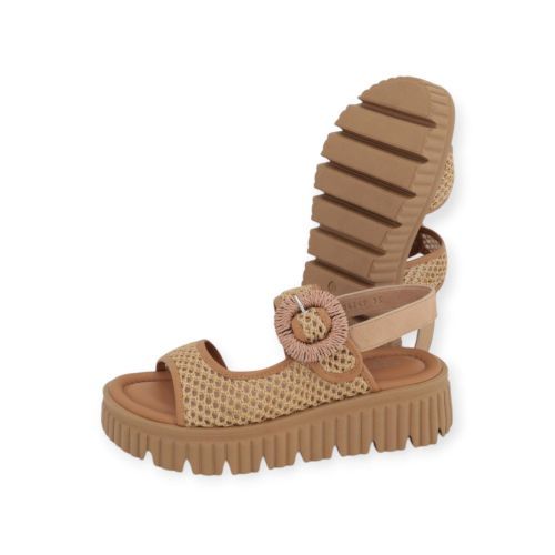 Softwaves Italina dames sandaal in camel raffia suede.