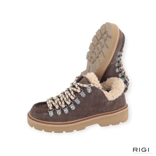 Stokton Loryn veterschoen in bruin crocco suède met wol voor dames. 