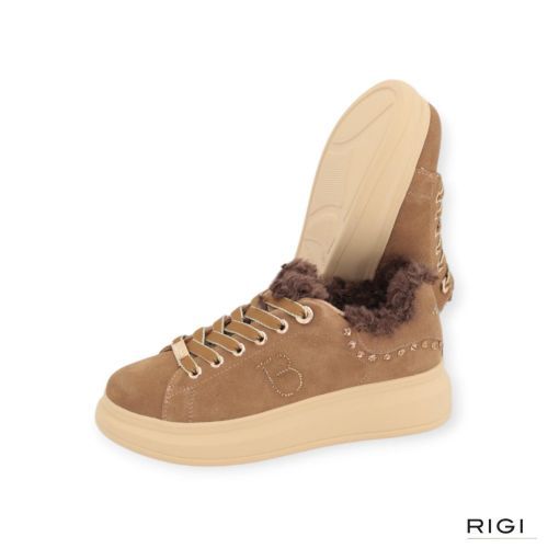 Tosca Blu City Jungle sneaker in cognac suède met wol voor dames. 