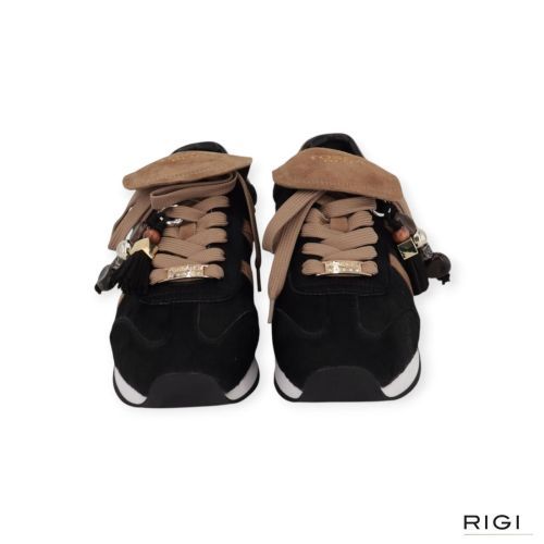 Tosca Blu sneaker Eclipse in zwart pony met cognac suède voor dames.