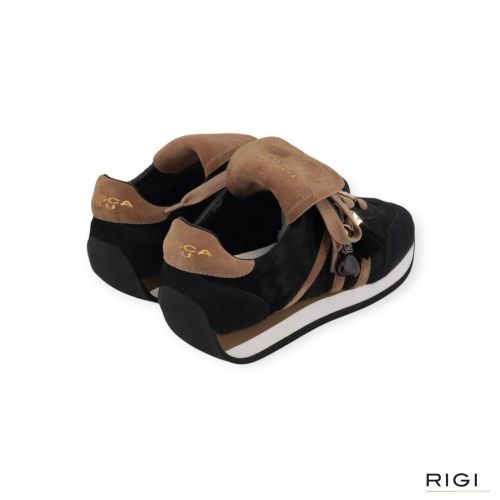 Tosca Blu sneaker Eclipse in zwart pony met cognac suède voor dames.