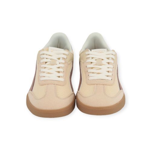 Twinset sneaker in off wit met camel suède voor dames. Twinset sneaker in off wit met camel suède voor dames.