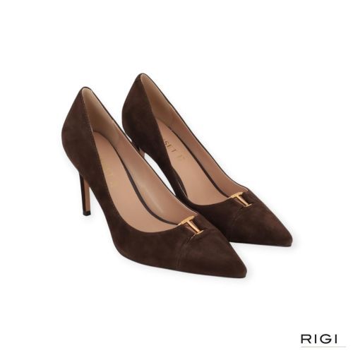 Twinset dames pump in bruin suede leer op hak van 9cm.