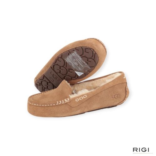 Ugg Ansley pantoffel voor dames in cognac, chestnut suède. 