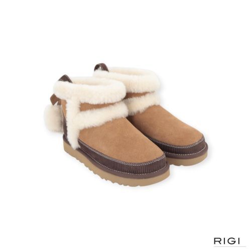 Ugg classic mini heritage voor dames in cognac, chestnut met bruin suède met wol.