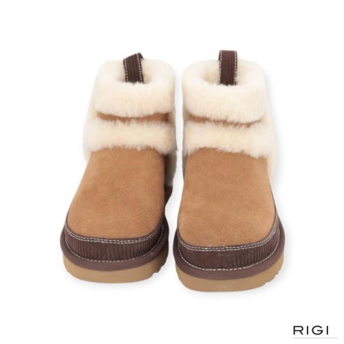 Ugg classic mini heritage voor dames in cognac, chestnut met bruin suède met wol.