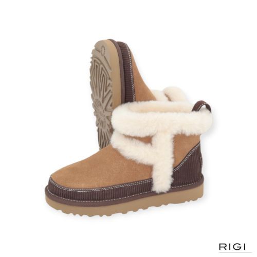 Ugg classic mini heritage voor dames in cognac, chestnut met bruin suède met wol.