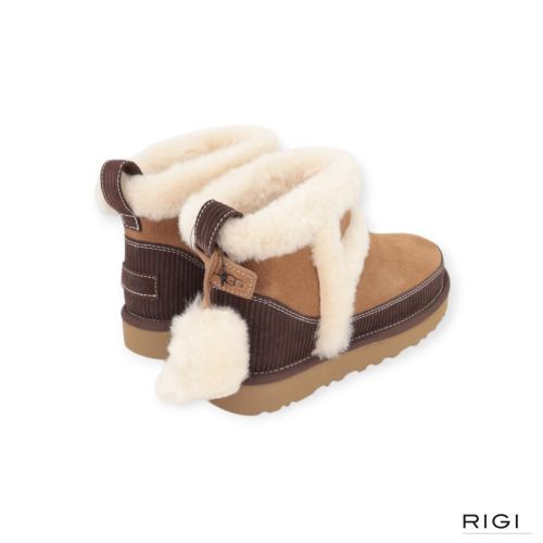 Ugg classic mini heritage voor dames in cognac, chestnut met bruin suède met wol.