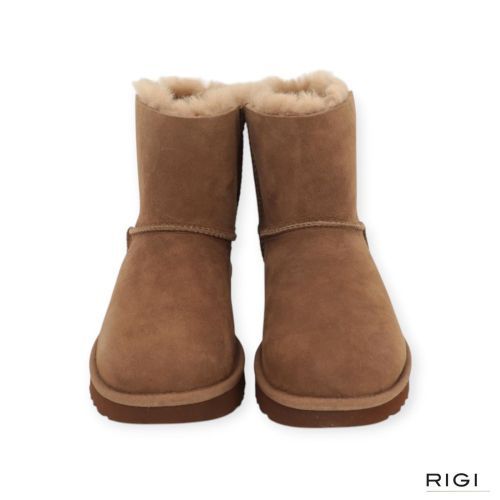 Ugg Mini Bailey Bow II enkellaars in lichtbruin, LBNZ, lightbronze suède voor dames. 