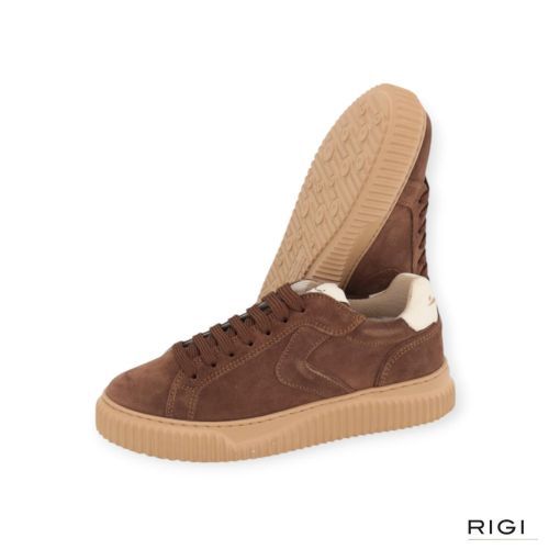 Voile Blanche Lipari sneaker in bruin suède met offwit leer voor dames. Voile Blanche Lipari sneaker in bruin suède met offwit leer voor dames.