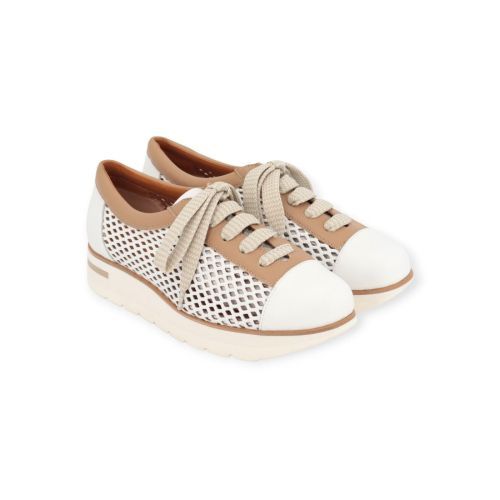 Volpato 4831 veterschoen in wit, camel leer voor dames. Volpato 4831 veterschoen in wit, camel leer voor dames.