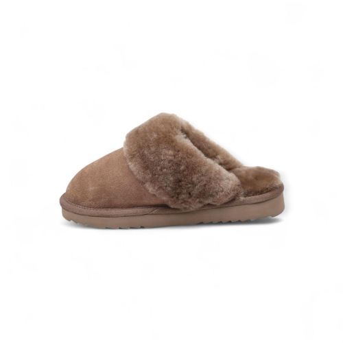 Warmbat dames pantoffel in taupe suede met wol Flurry