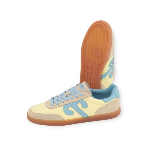 Wushu Ruyi Art Gong 106 sneaker voor dames in lichtgeel met blauw leer. 