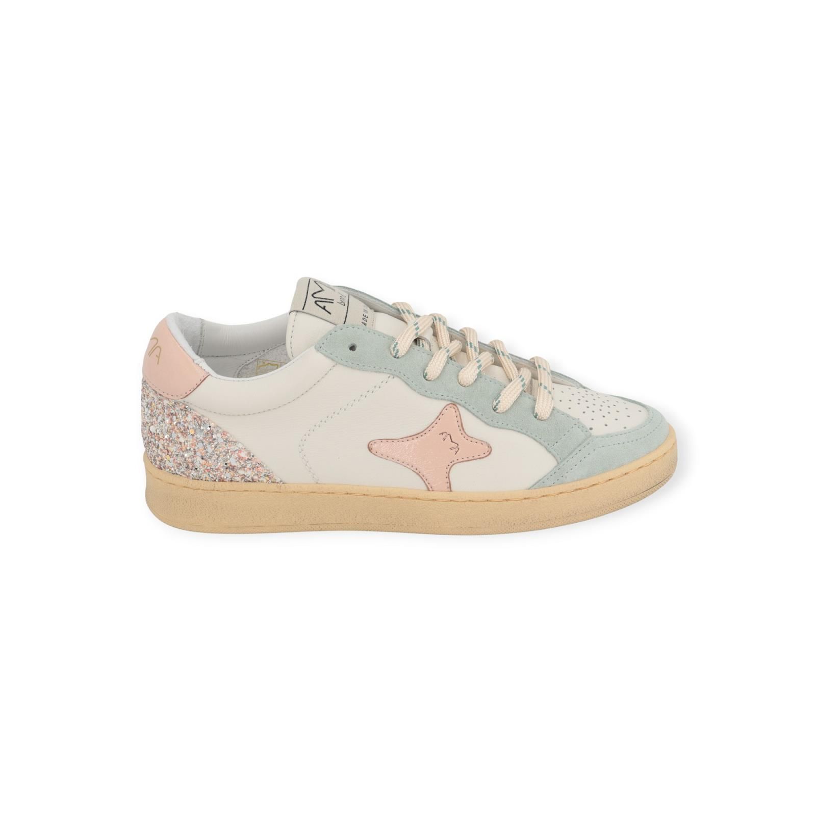 Ama Brand Sun sneaker voor dames in wit leer met lichtblauw en roze Ama Brand Sun sneaker voor dames in wit leer met lichtblauw en roze