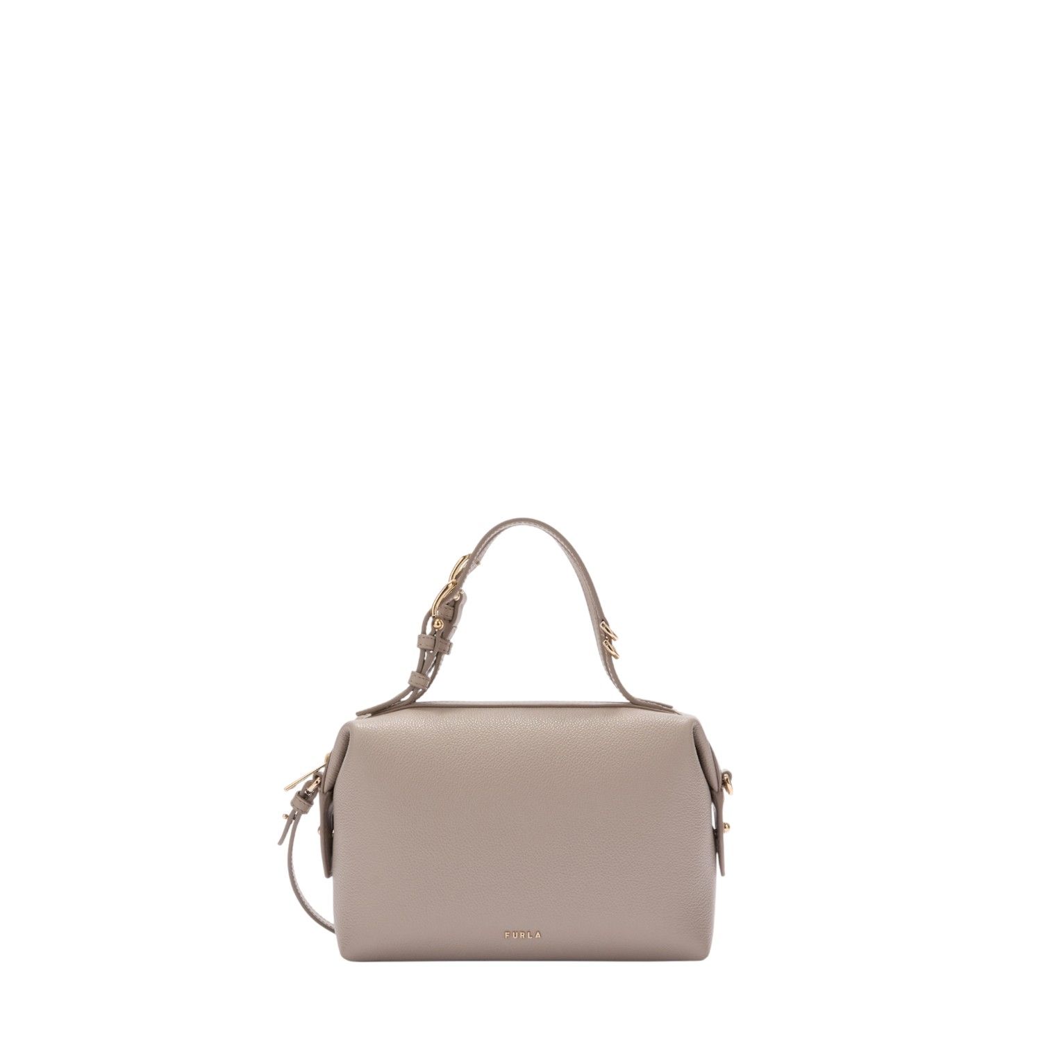 Furla Double Mini Boston handtas in taupe leer. Furla Double Mini Boston handtas in taupe leer.