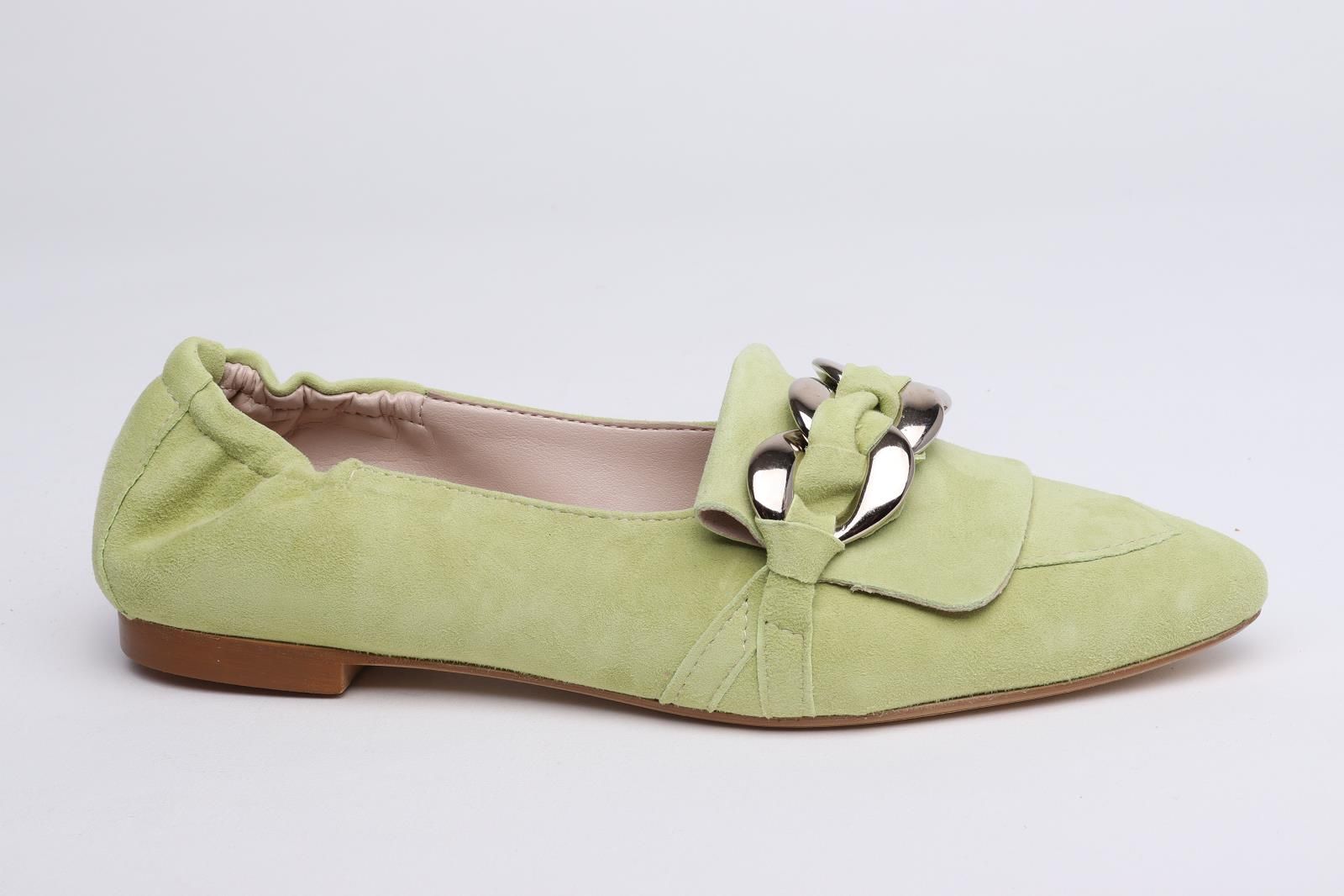 Gianluca Pisati dames mocassin / loafer in groen suede leer plat.