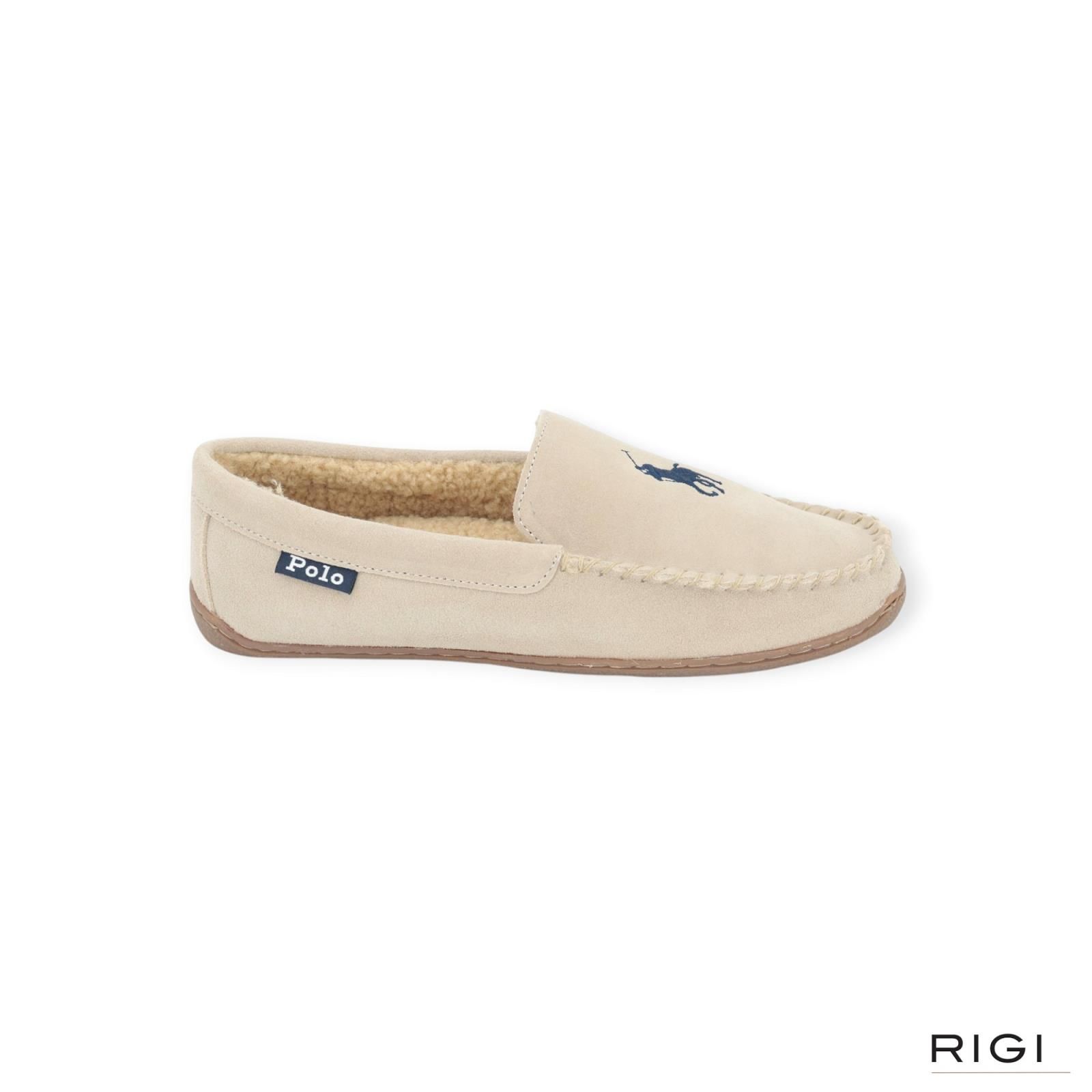 Polo Ralph Lauren Brenan pantoffel voor heren in beige suède. Polo Ralph Lauren Brenan pantoffel voor heren in beige suède.
