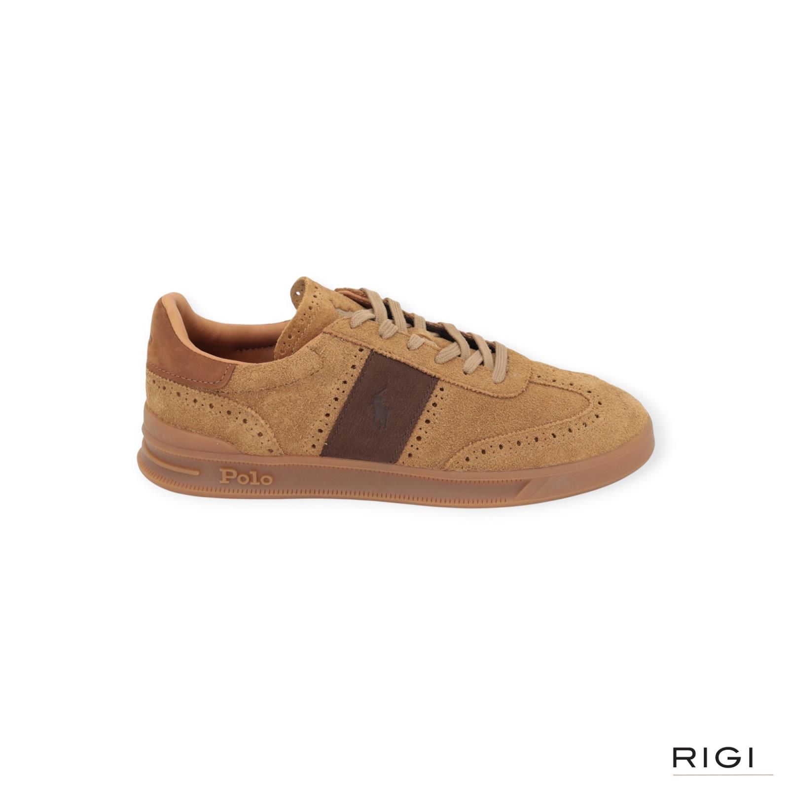 Polo Ralph Lauren HRT Aera in cognac suède met bruin leer voor heren. Polo Ralph Lauren HRT Aera in cognac suède met bruin leer voor heren.