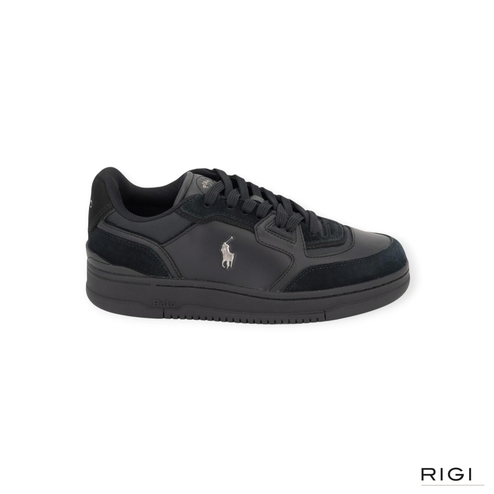 Polo Ralph Lauren Open Master court in zwart leer met suède en nylon voor heren. Polo Ralph Lauren Open Master court in zwart leer met suède en nylon voor heren.