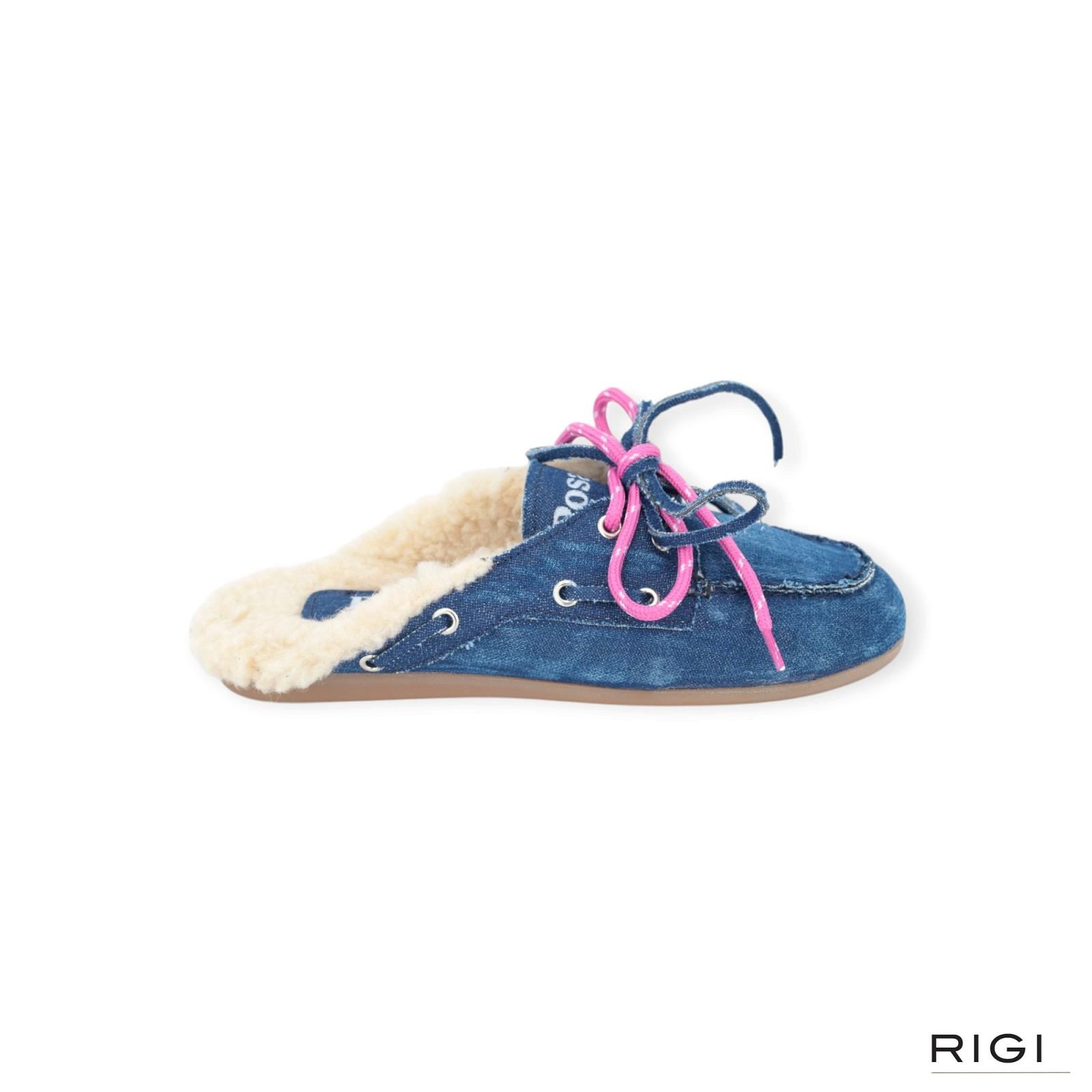 Posa Boat loafer Mule Fur slipper, muil in jeans denim voor dames. Posa Boat loafer Mule Fur slipper, muil in jeans denim voor dames.