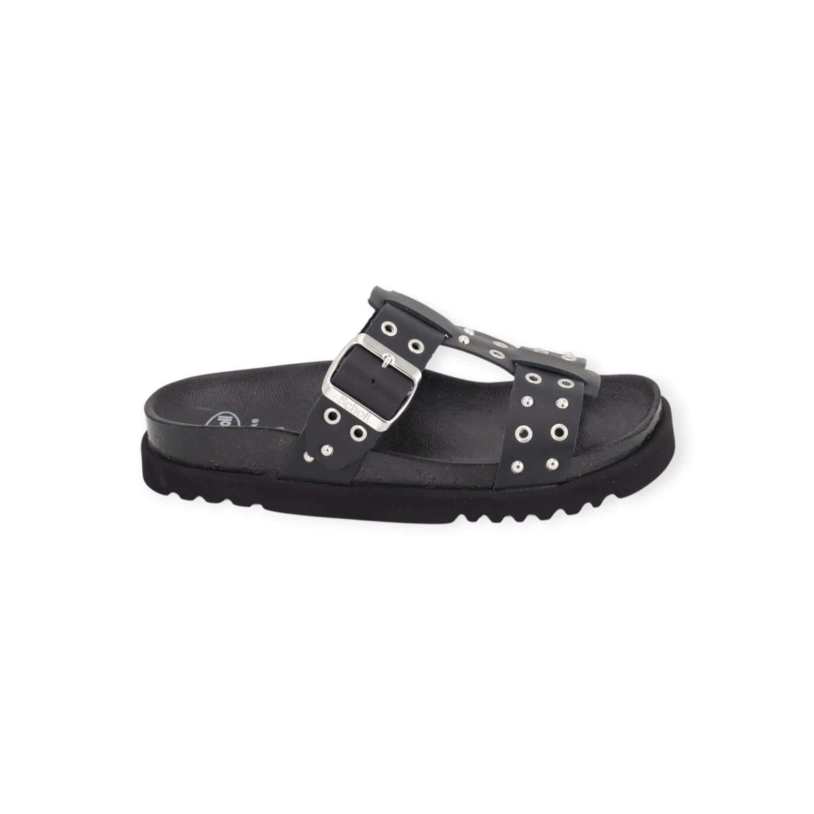 Scholl Beatriz T-Bar Ring slipper, muil in zwart leer met zilver studs voor dames. Scholl Beatriz T-Bar Ring slipper, muil in zwart leer met zilver studs voor dames.